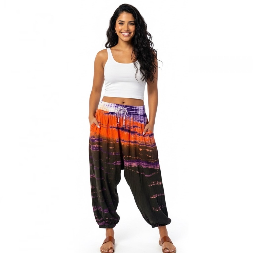 Mahal Tie Dye Indian Harem Purple Orange Drop Crotch Genie Jogger Pants NWT L/XL